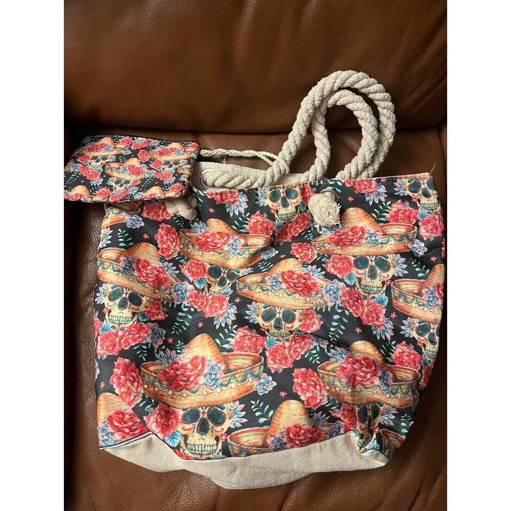 Skull & Floral Large Tote Bag Lined Zip Closure Rope Double Handles w/ Pouch